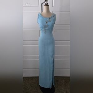 Blue Silk Column Formal Dress With Beading